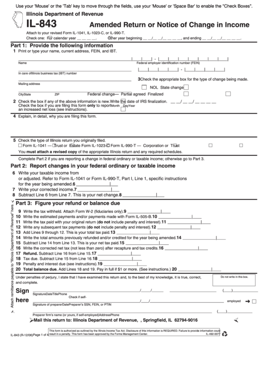 Fillable Form Il-843 - Amended Return Or Notice Of Change In Income - 2006 Printable pdf
