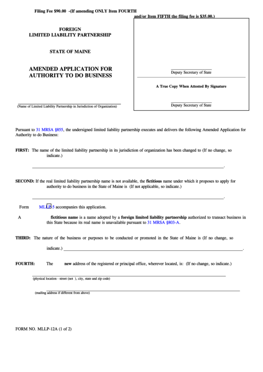 Fillable Form No. Mllp-12a - Foreign Limited Liability Partnership Amended Application For Authority To Do Business - 2004 Printable pdf