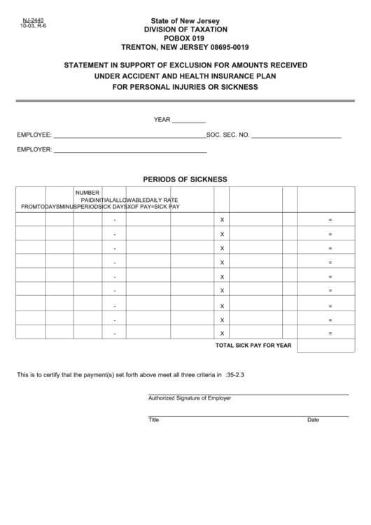Fillable Form Nj-2440 - Statement In Support Of Exclusion For Amounts Received Under Accident And Health Insurance Plan For Personal Injuries Or Sickness Printable pdf