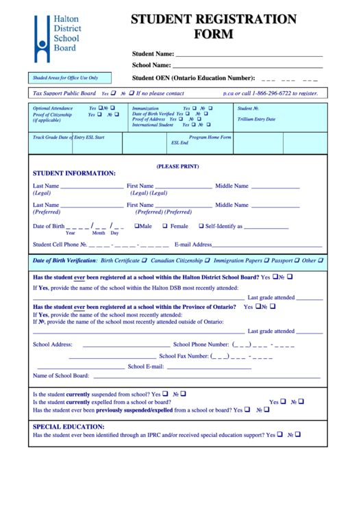 Student Registration Form Printable pdf