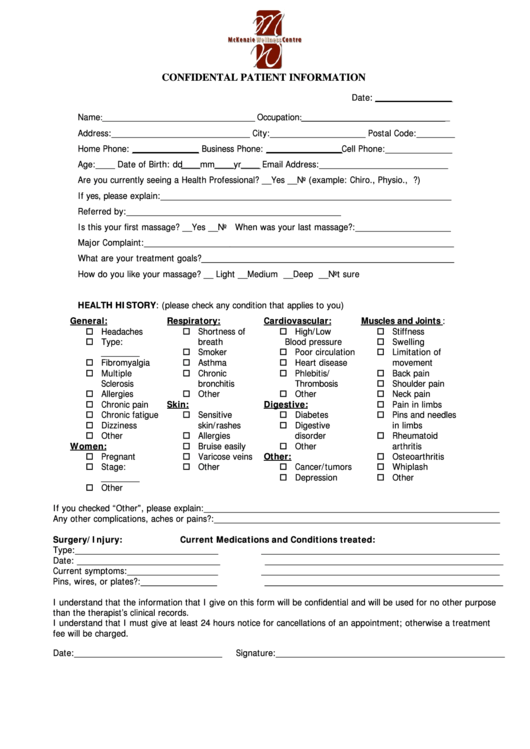 Confidental Patient Information Form Printable pdf