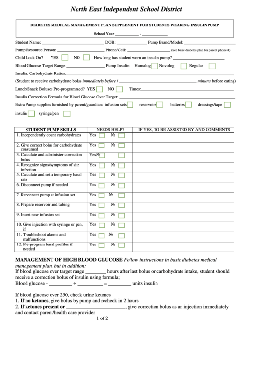 Fillable Diabetes Medical Management Plan Supplement For Students Wearing Insulin Pump Form Printable pdf