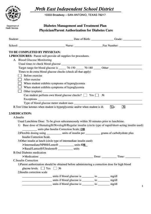Fillable Diabetes Management And Treatment Plan Physician/parent Authorization For Diabetes Care Form - North East Independent School District Printable pdf