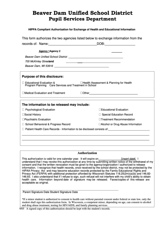 Hippa Compliant Authorization For Exchange Of Health And Educational Information Form Printable pdf