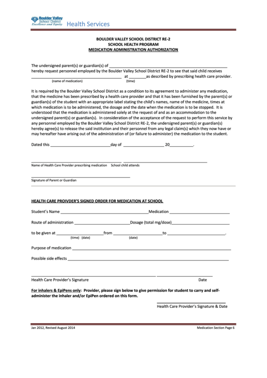 Fillable Medication Administration Authorization Form - Boulder Valley School District Printable pdf