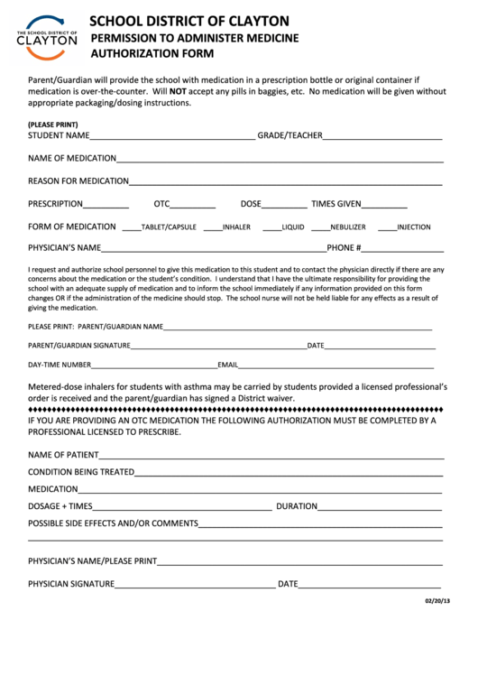 Fillable Permission To Administer Medicine Authorization Form - School District Of Clayton Printable pdf