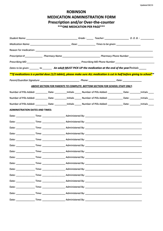 Medication Administration Form Printable pdf