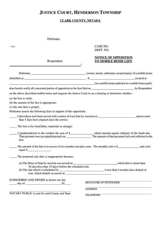 Fillable Notice Of Opposition To Mobile Home Lien Form - Clark County, Nevada Printable pdf