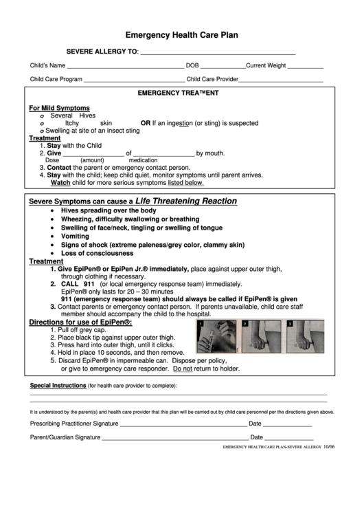 Emergency Health Care Plan Form Printable pdf