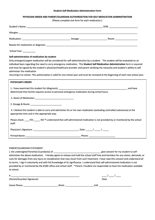 Student Self Medication Administration Form Printable pdf