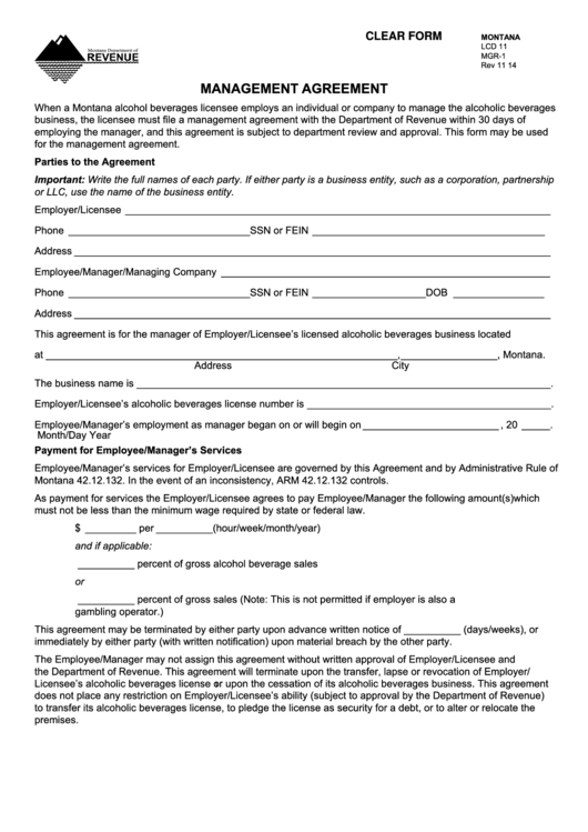 Fillable Form Mgr-1 - Management Agreement - Montana Department Of Revenue Printable pdf