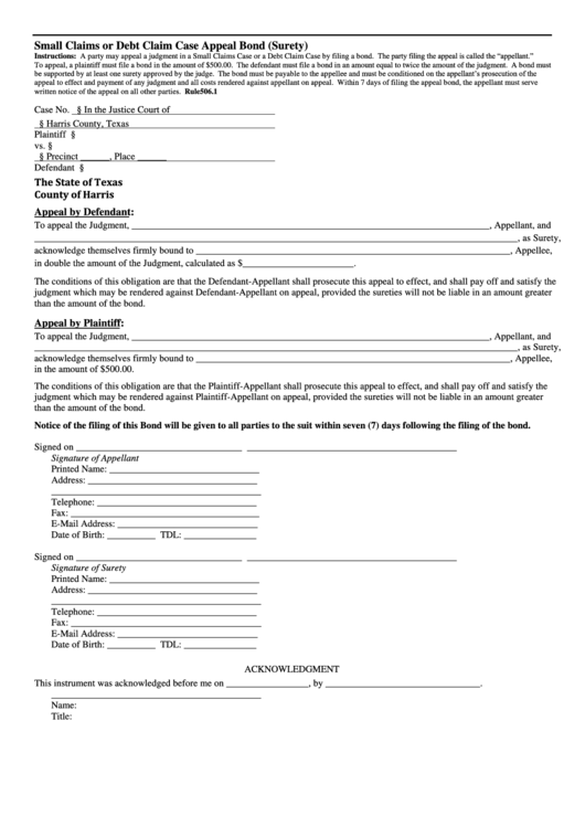 Small Claims Or Debt Claim Case Appeal Bond (Surety) And Civil Case Appeal Bond - Surety Form - Texas Justice Court Printable pdf
