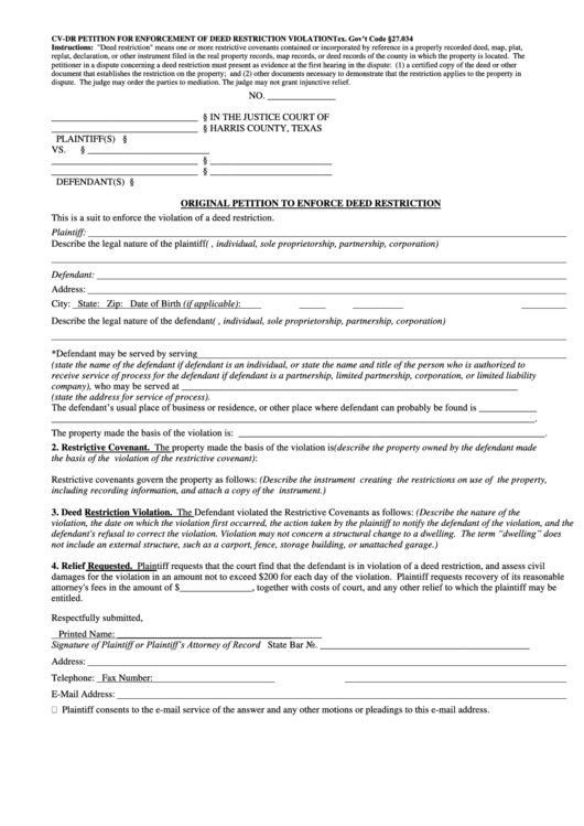 Original Petition To Enforce Deed Restriction Form - Justice Court Of Harris County, Texas Printable pdf