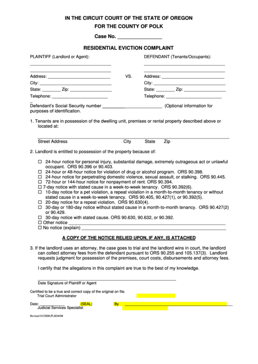 Residential Eviction Complaint Form - Circuit Court Of The State Of Oregon Printable pdf