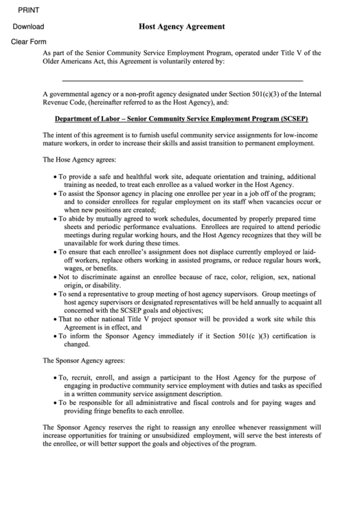 Fillable Host Agency Agreement Form - Department Of Labor - Senior Community Service Employment Program (Scsep) Printable pdf