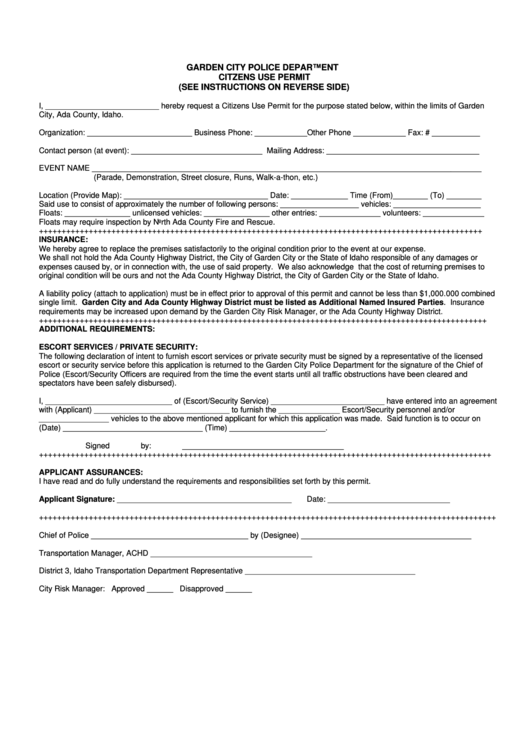 Citizens Use Permit Form - Garden City Police Department Printable pdf