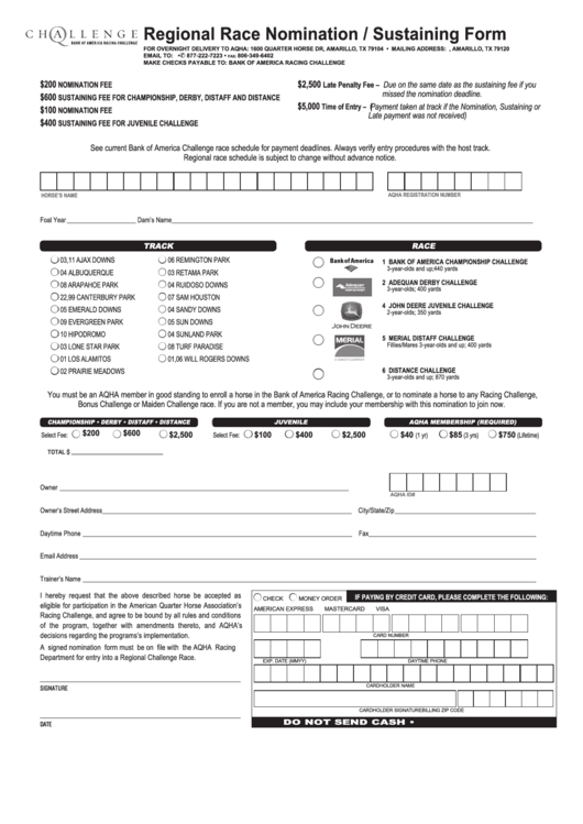 Regional Race Nomination / Sustaining Form - Bank Of America Racing Challenge Printable pdf