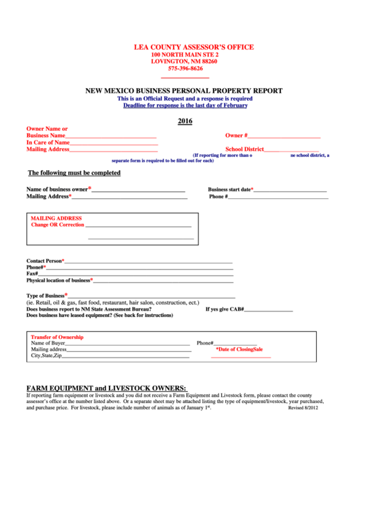 New Mexico Business Personal Property Report Form - 2016 Printable pdf