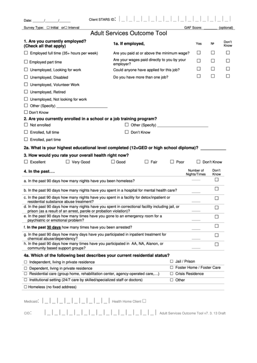 Adult Services Outcome Tool Template Printable pdf