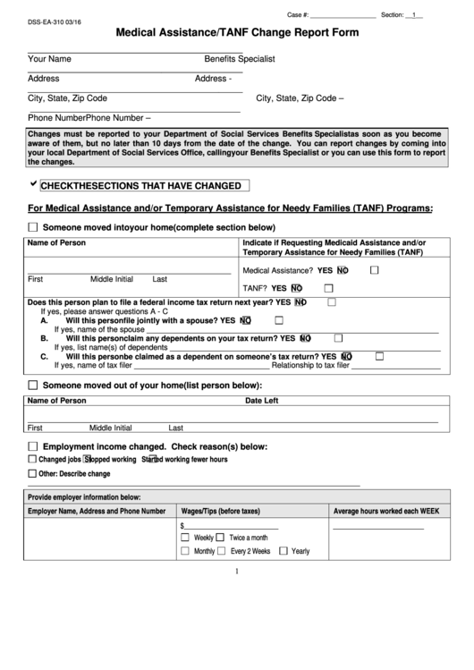Form Dss-Ea-310 - Medical Assistance/tanf Change Report Printable pdf