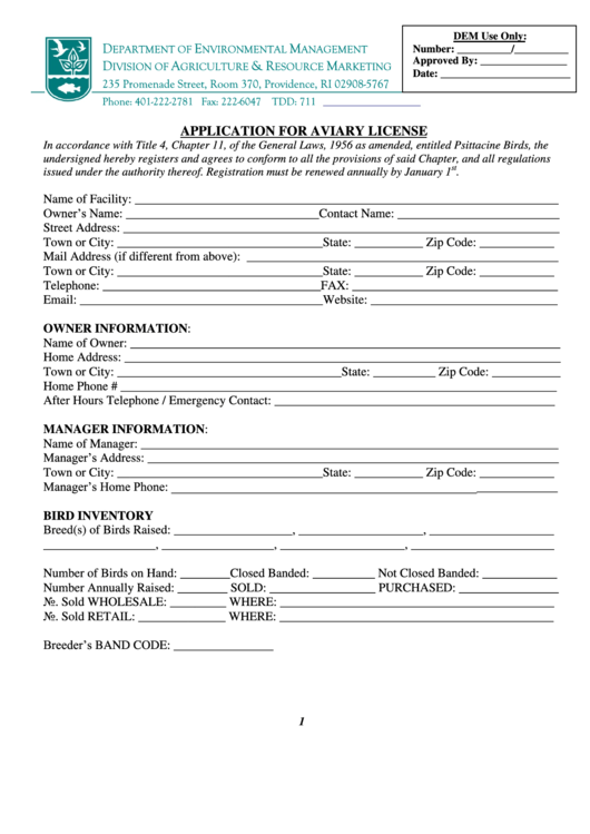 Application For Aviary License Form - Department Of Environmental Management Printable pdf