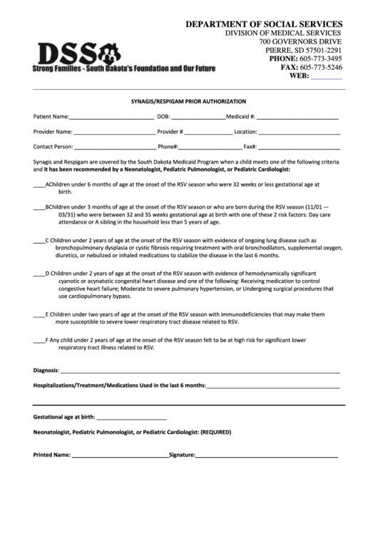 Fillable Synagis Prior Authorization Form - Department Of Social Services, South Dakota Printable pdf