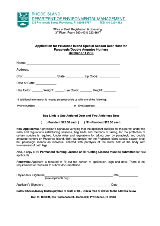 Application Form For Prudence Island Special Season Deer Hunt For Paraplegic/double Amputee Hunters - Rhode Island Department Of Environmental Management Printable pdf
