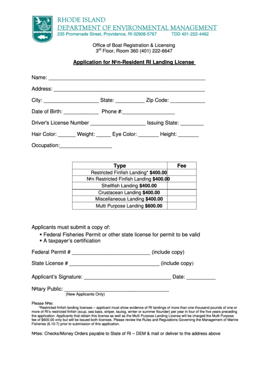 Application For Non-Resident Ri Landing License Form - Rhode Island Department Of Environmental Management Printable pdf