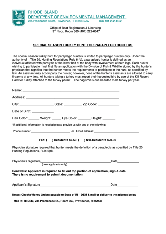 Special Season Turkey Hunt For Paraplegic Hunters Application Form - Rhode Island Department Of Environmental Management Printable pdf
