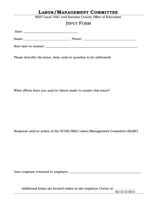 Fillable Input Form - Labor Management Committee Printable pdf