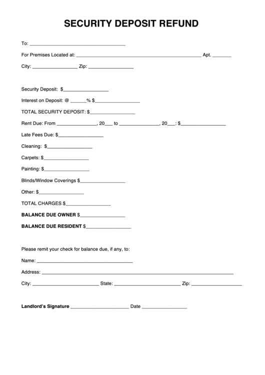 Fillable Security Deposit Refund Form Printable pdf
