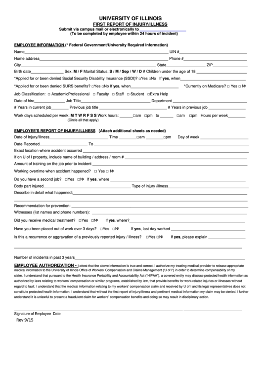 First Report Of Injury/illness Form Printable pdf