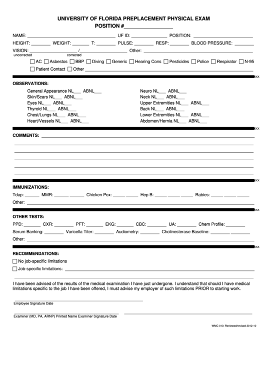 Form Wmc-013 - University Of Florida Preplacement Physical Exam Wmc-013