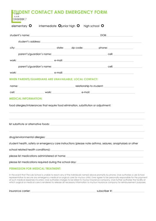 Student Contact And Emergency Form Printable pdf