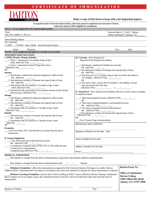 Fillable Certificate Of Immunization Form Printable pdf