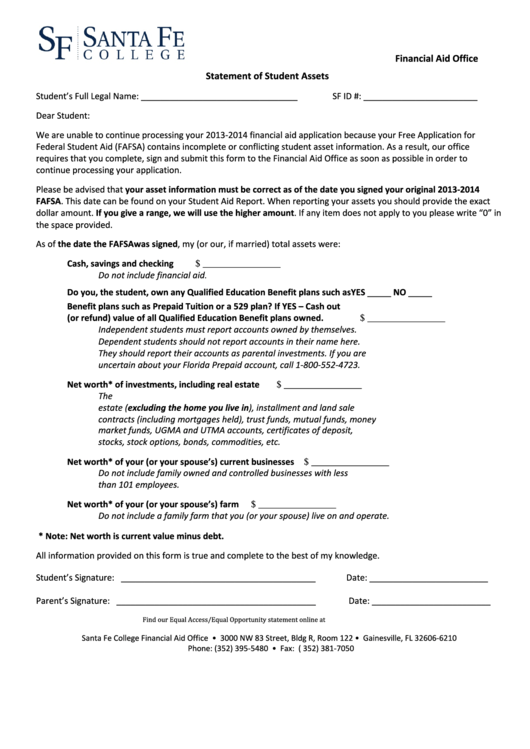 2013-2014 Student Asset Form Printable pdf