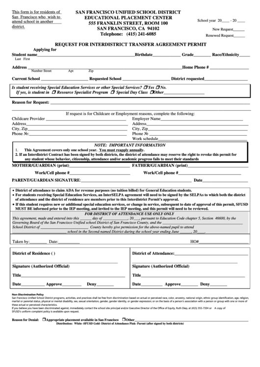 Request For Interdistrict Transfer Agreement Permit Form Printable pdf
