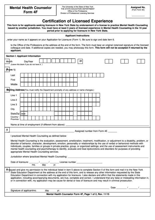 Mental Health Counselor Form 4f - Certification Of Licensed Experience - 2015 Printable pdf
