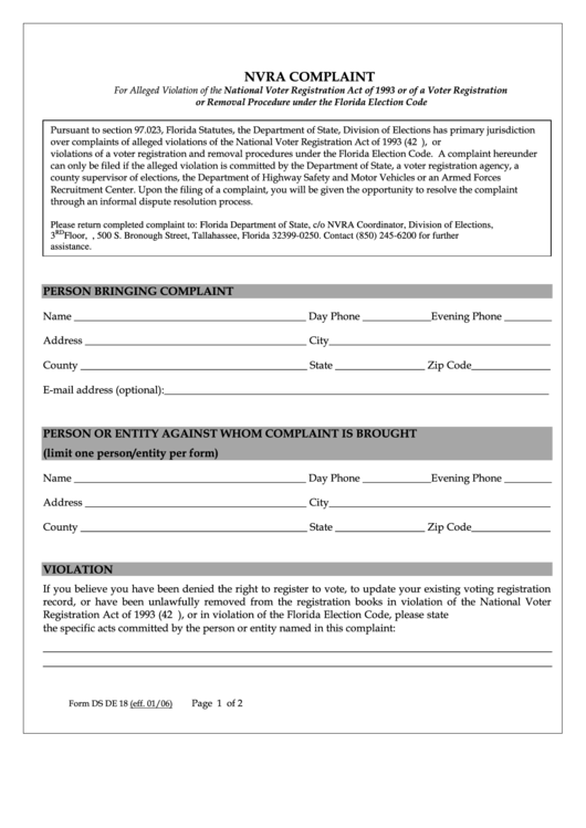 Form Ds De 18 Nvra Complaint - Florida Department Of State Printable pdf