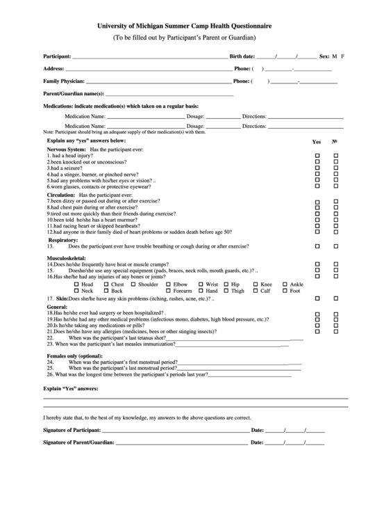 Summer Camp Health Questionnaire Form Printable pdf