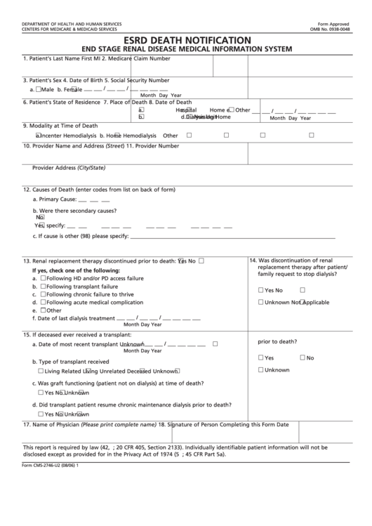 Fillable Esrd Death Notification Form Printable pdf