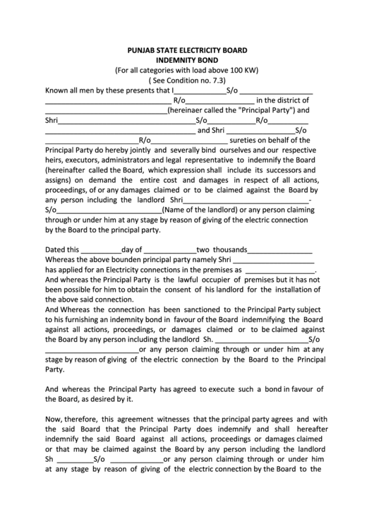 Indemnity Bond Form - Punjab State Electricity Board Printable pdf