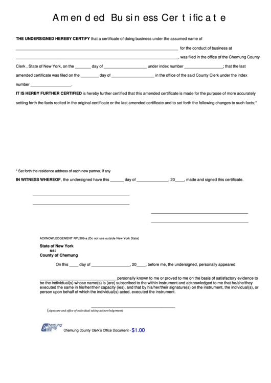 Fillable Form Rpl309-A Amended Business Certificate - Chemung County Clerk Printable pdf