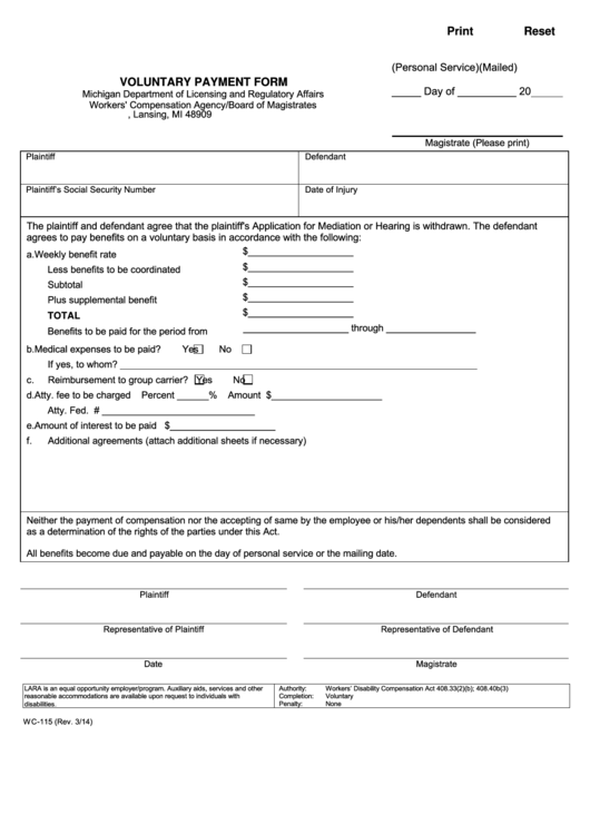 Fillable Form Wc-115 - Voluntary Payment Printable pdf
