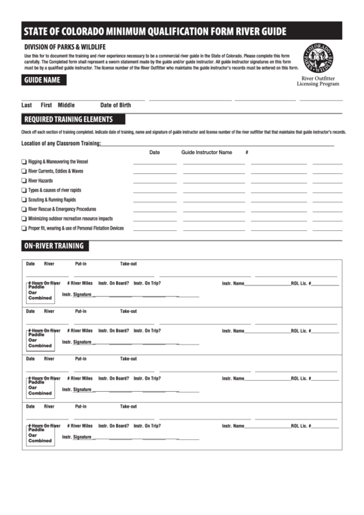 Minimum Guide Qualification Form - River Outfitter Licensing Program Printable pdf