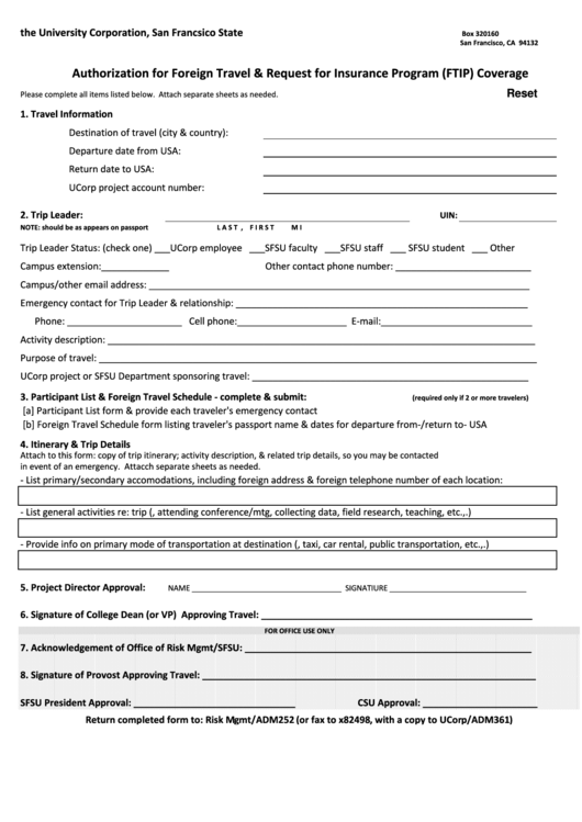 Authorization For Foreign Travel & Request For Insurance Program (Ftip) Coverage Form Printable pdf
