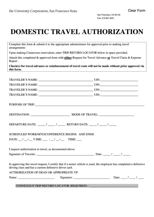 Domestic Travel Authorization Form Printable pdf