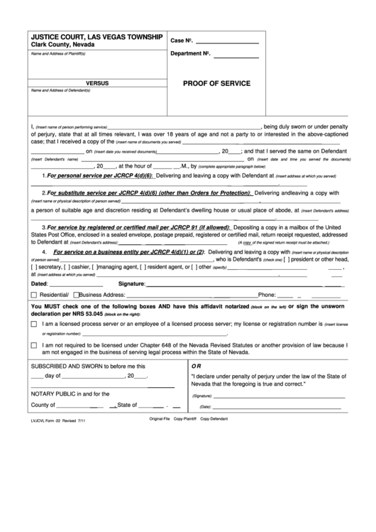 Fillable Lvjcvl Form-22 Proof Of Service - Clark County, Nevada Printable pdf