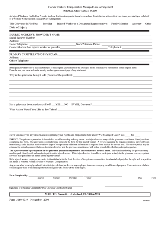 Form 3160-0019 Formal Grievance Form - Florida Workers