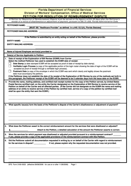 Fillable Dfs Form 3160-0023 Petition For Resolution Of Reimbursement Dispute Printable pdf